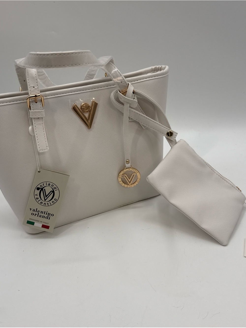Valentino Orlandi White Tote with Gold Emblem and Detachable Pouch